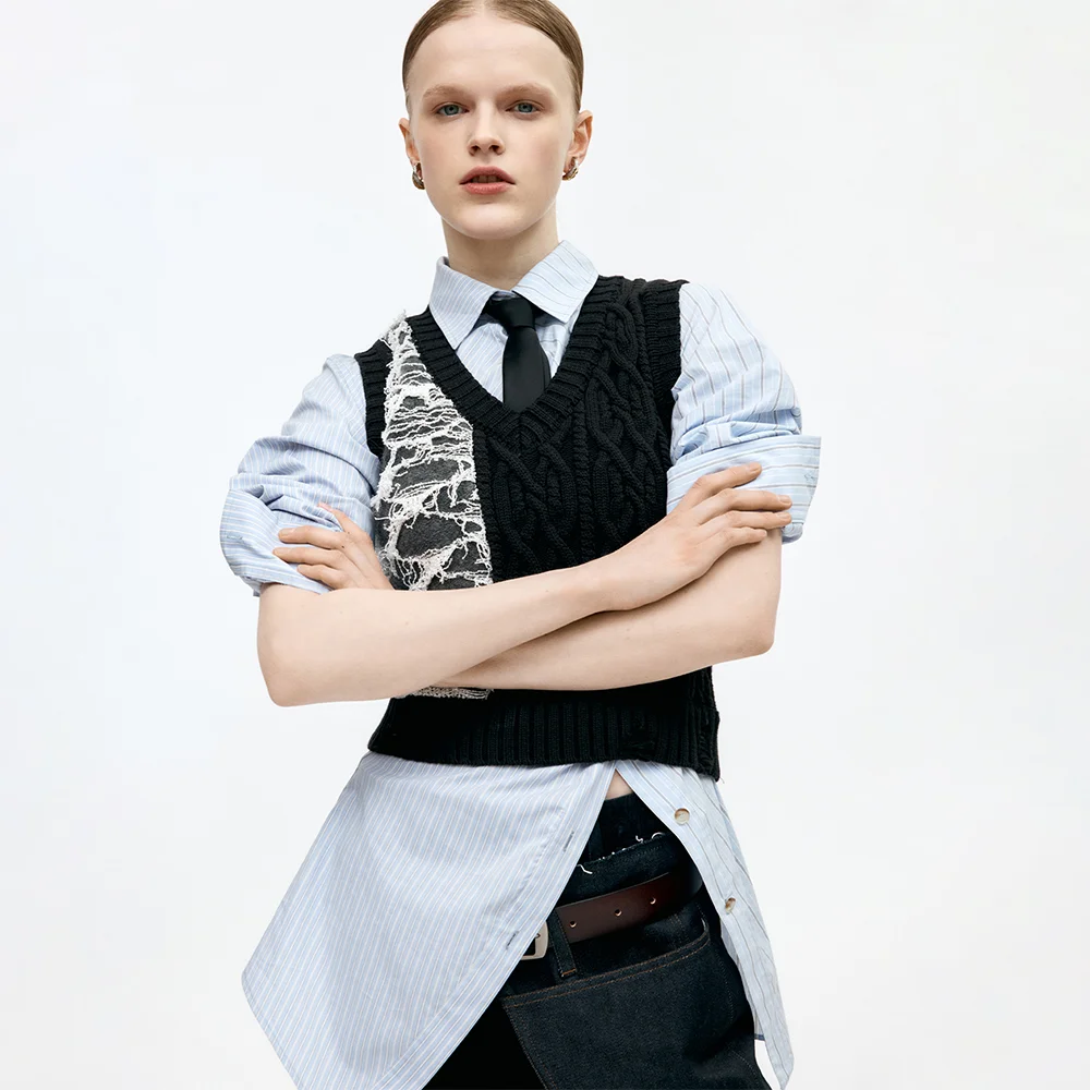 BOUCLE CABLE PATCHWORK KNIT VEST atb1355w(CHARCOAL)