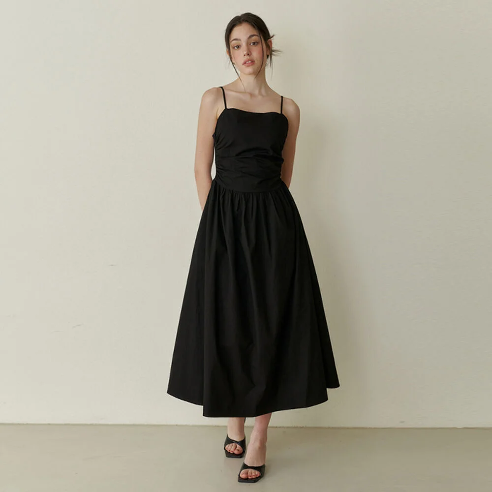 Pure semi shirring long dress - black