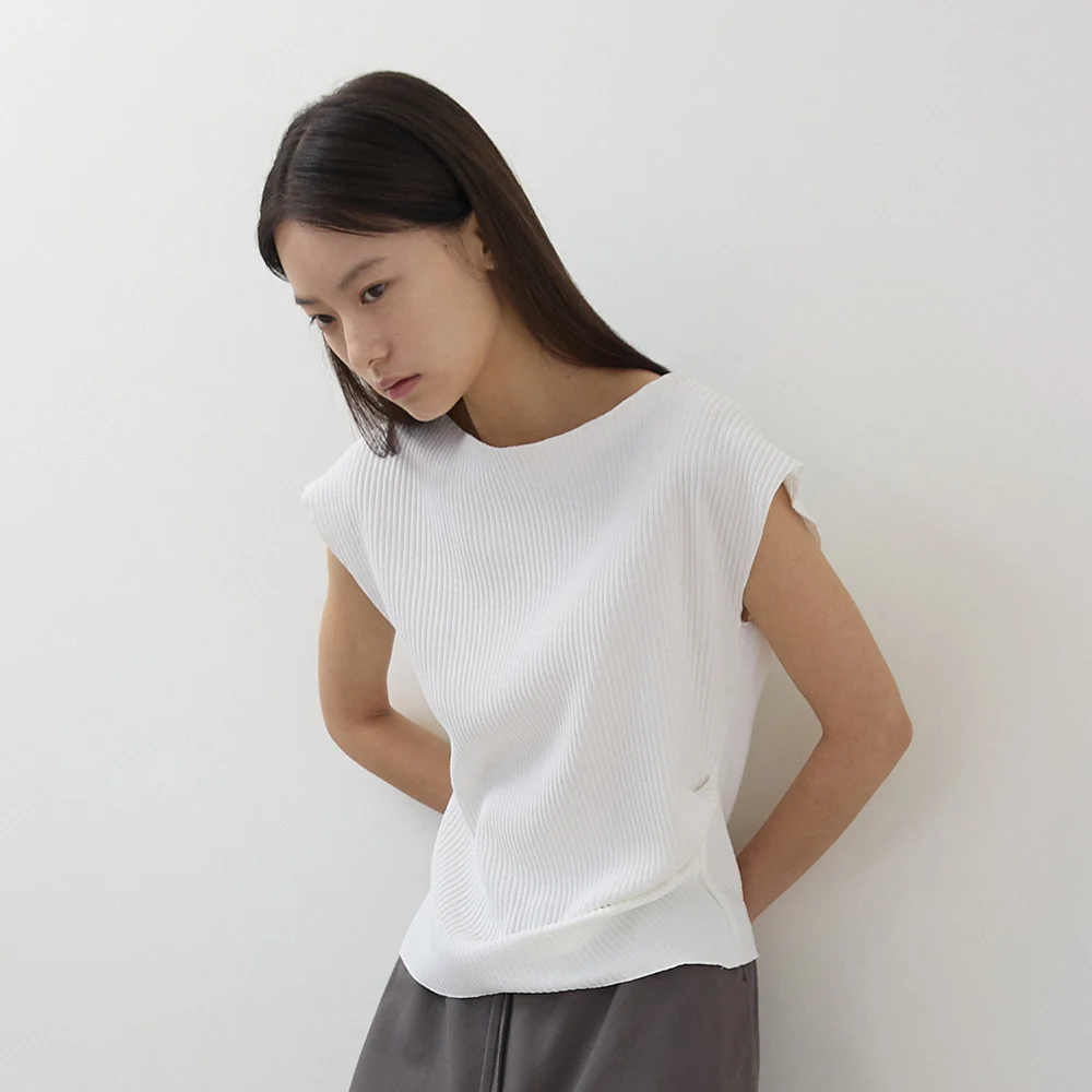 羅紋 側邊 抽褶 上衣_ivory