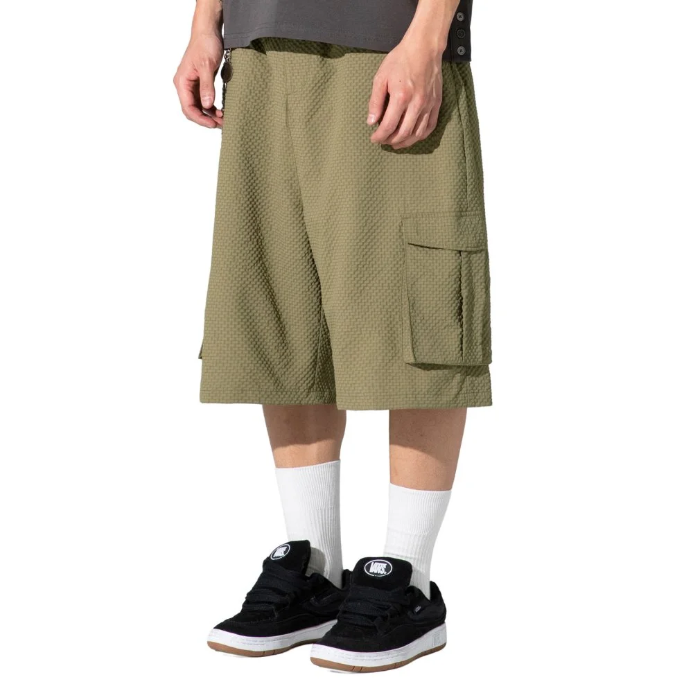 XP333 格紋 皺褶 工裝 百慕達 褲子 (KHAKI/BEIGE)