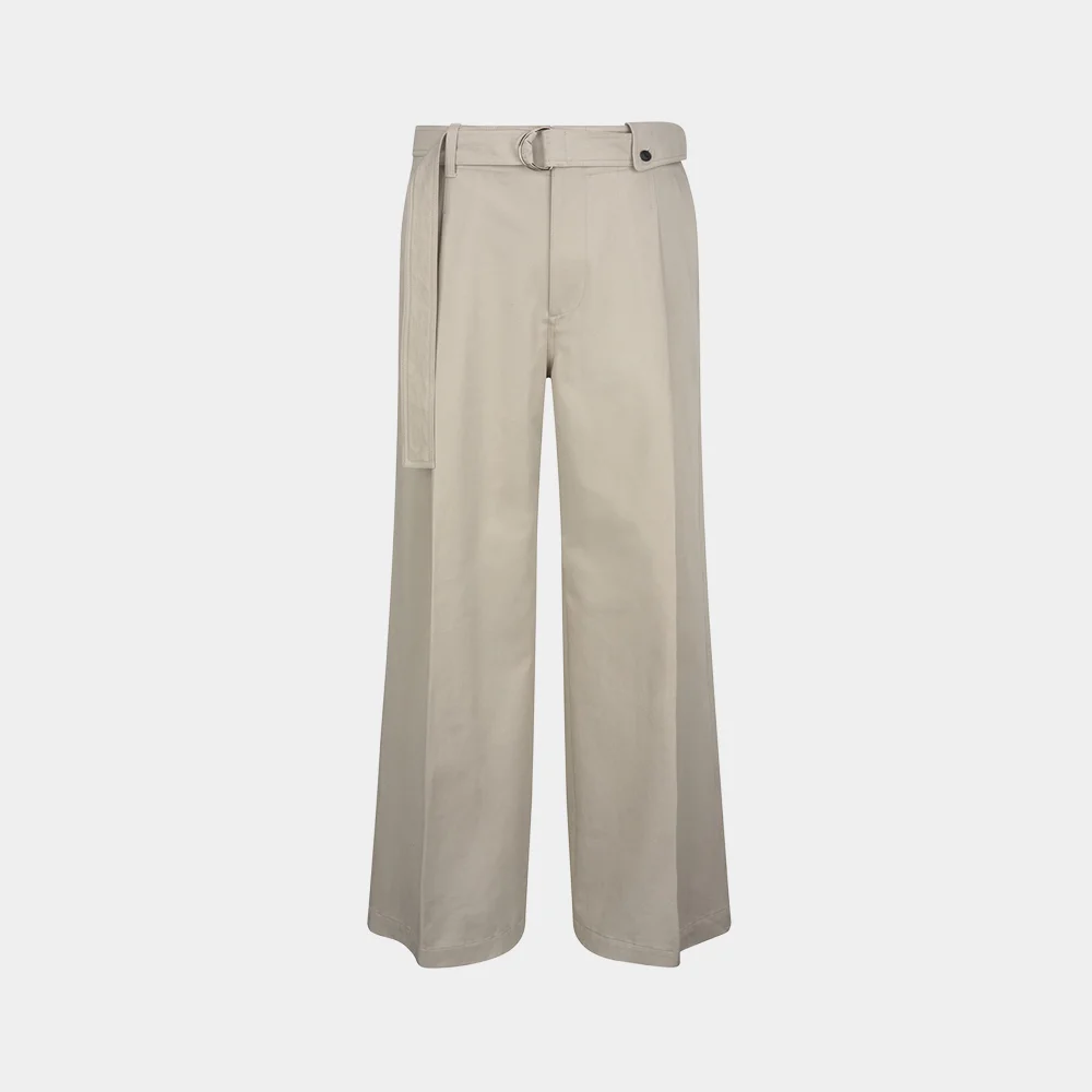 (M) COTTON BELTED WIDE PANTS - LIGHT BEIGE
