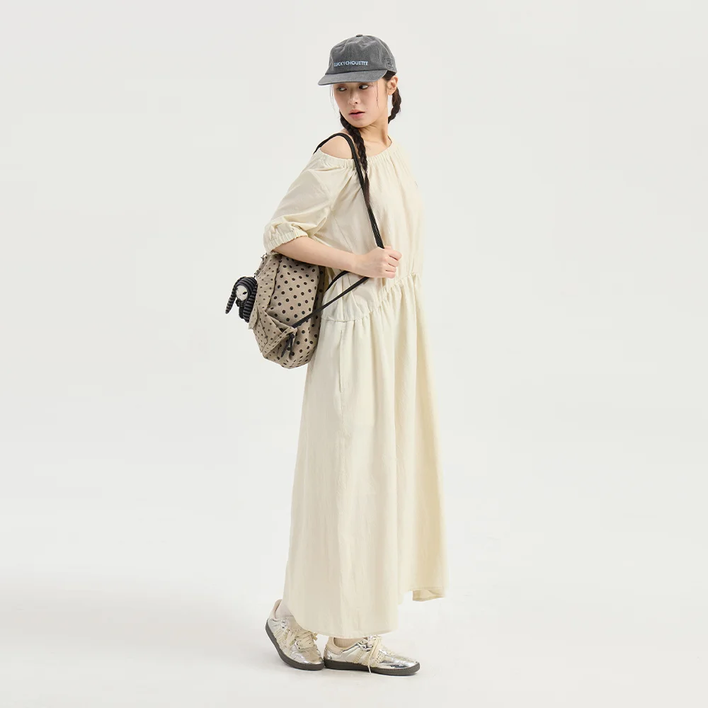 Chouetties by LUCKY CHOUETTE_Shirring Volume Short Sleeve Long Dress (light beige) LADAX26330BEL