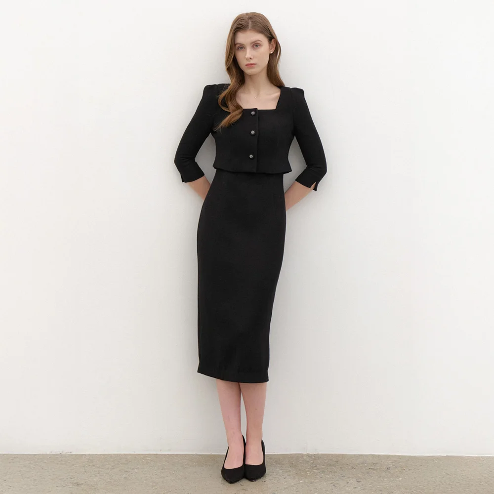 Square-neck 2piece-Style Slim Dress / Black(2Color)