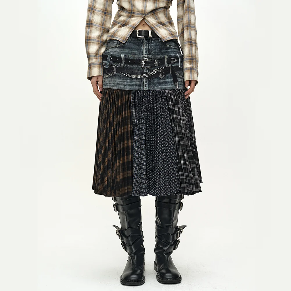 DOUBLE BELT PRINTED ACCORDION PLEATS SKIRT (BLUE)