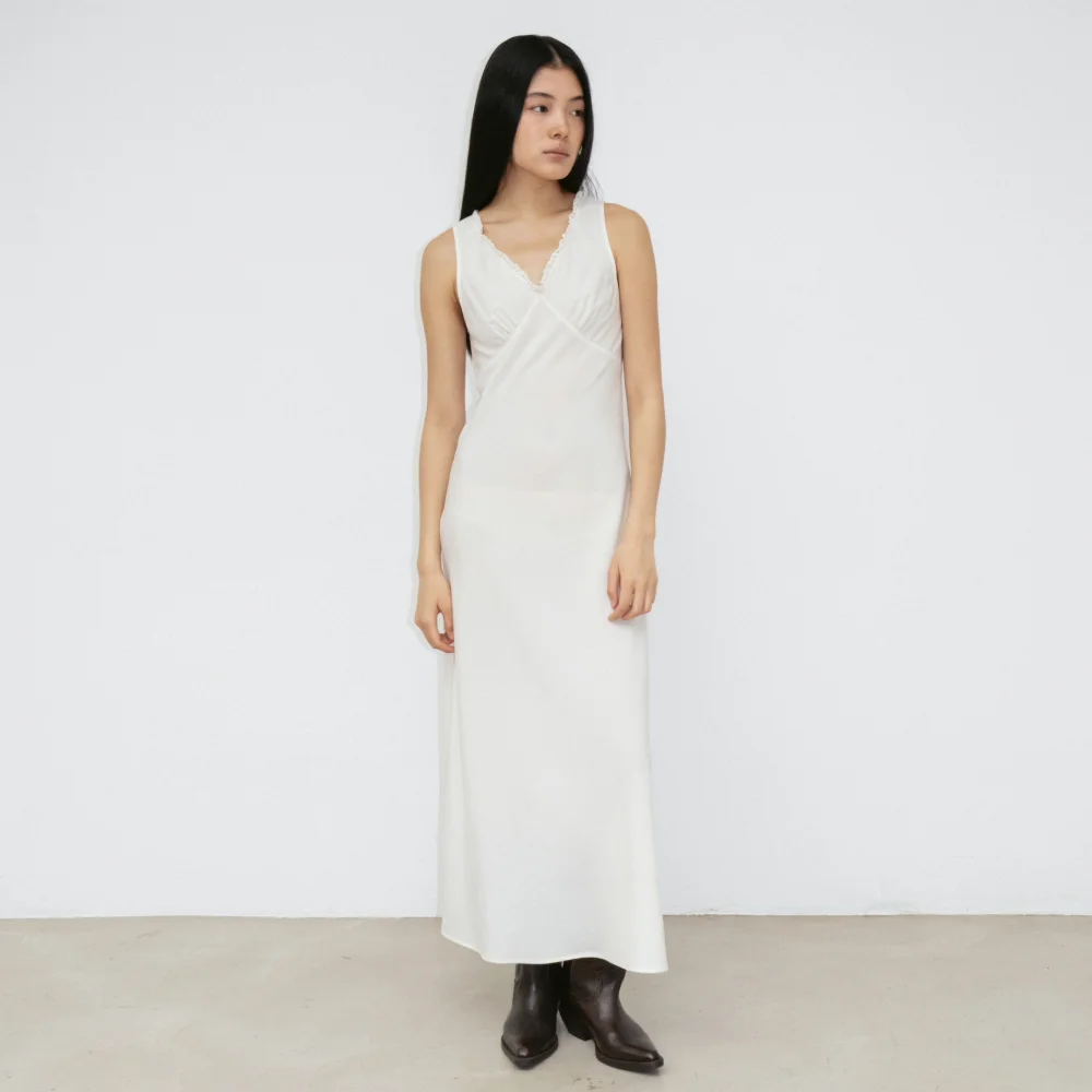 V-Neck Lace Dress (Light Beige / Black)