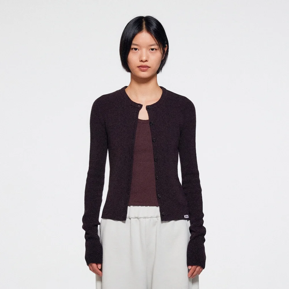 WOMEN SLIM COLLARLESS KNIT CARDIGAN - BROWN