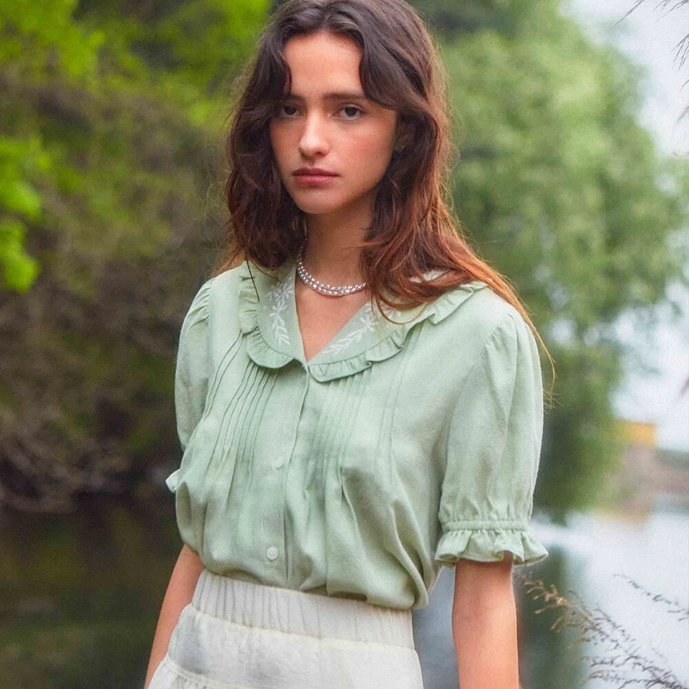 Embroidered Pintuck Puff Blouse (Green)