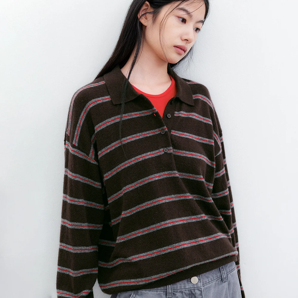 (T-7304)WOOL STRIPE COLLAR LOOSE FIT KNIT