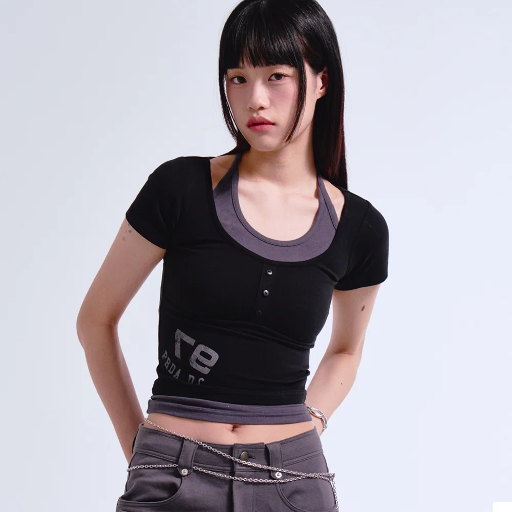 SHIRRING HALTERNECK LAYERED TEE BLACK