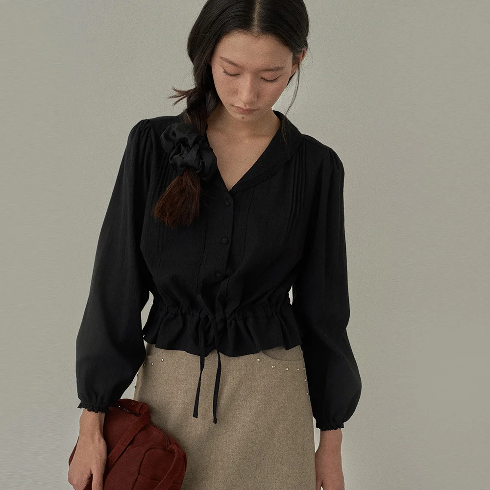 May Shirring collar Blouse - black