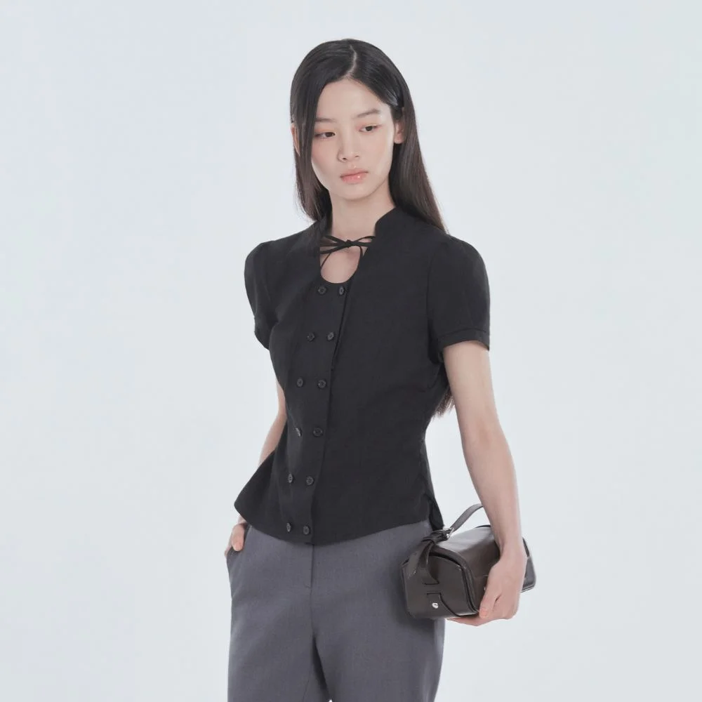 String Tie Double Button Blouse - Black