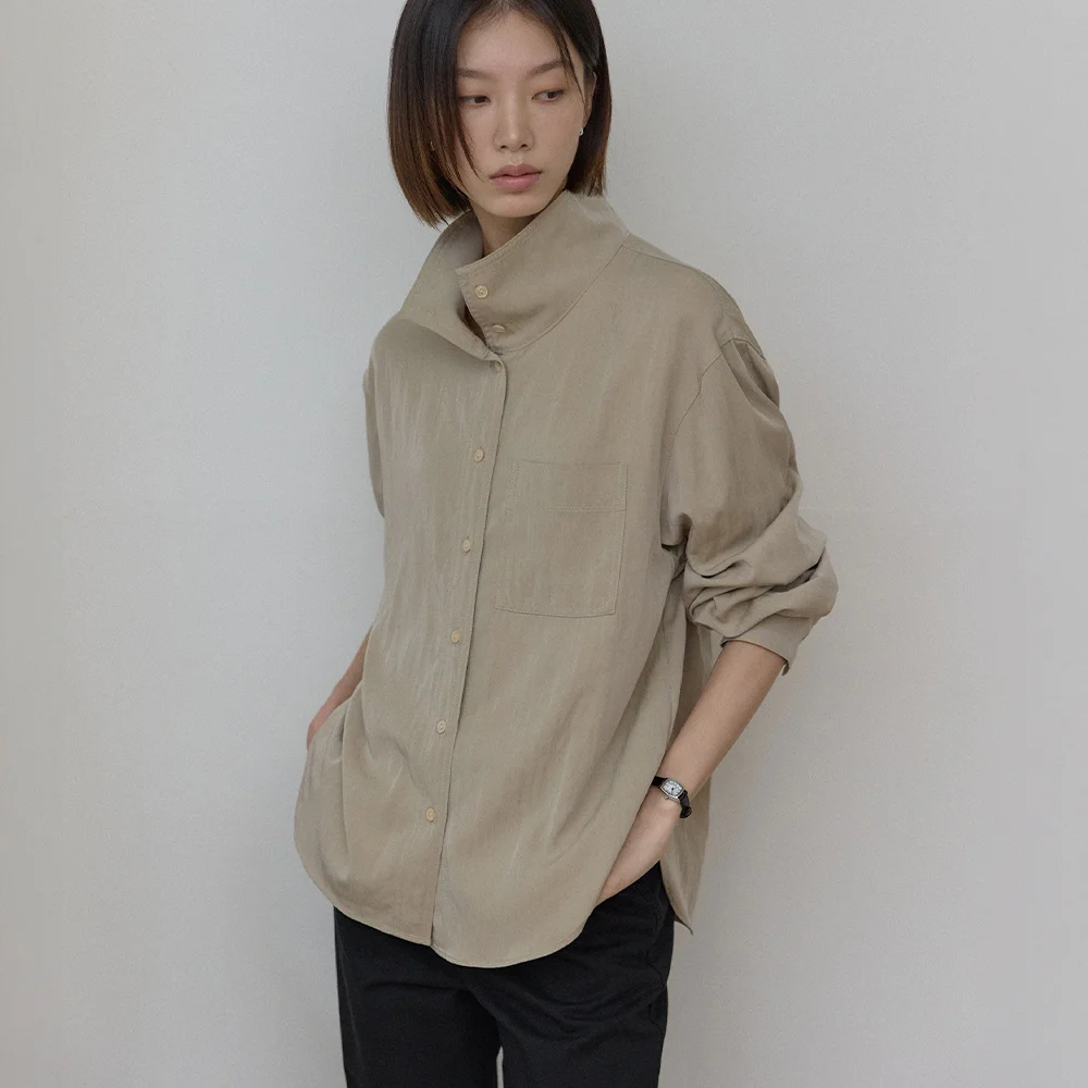 Refined 高領 鈕扣 襯衫 - Ash Beige