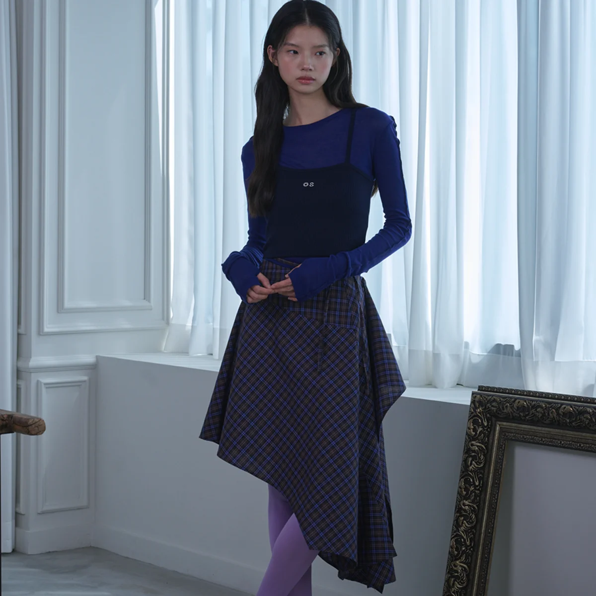Unbalanced Layered Check Skirt_Blue