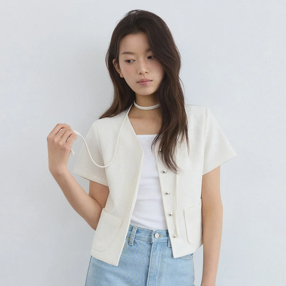 V neck choker half tweed jacket - ivory