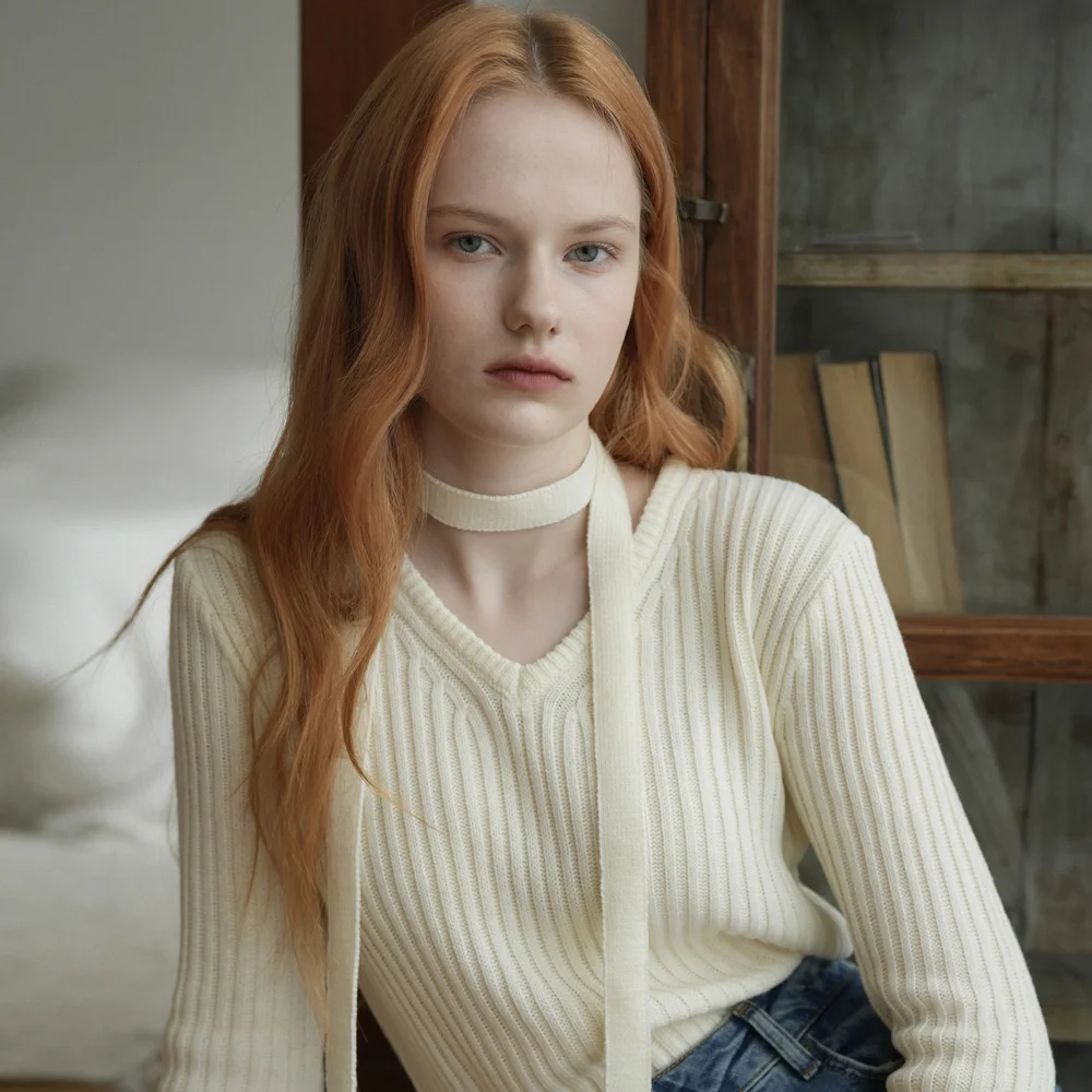 V-neck Ribbed Tie Set Knit (Ivory)