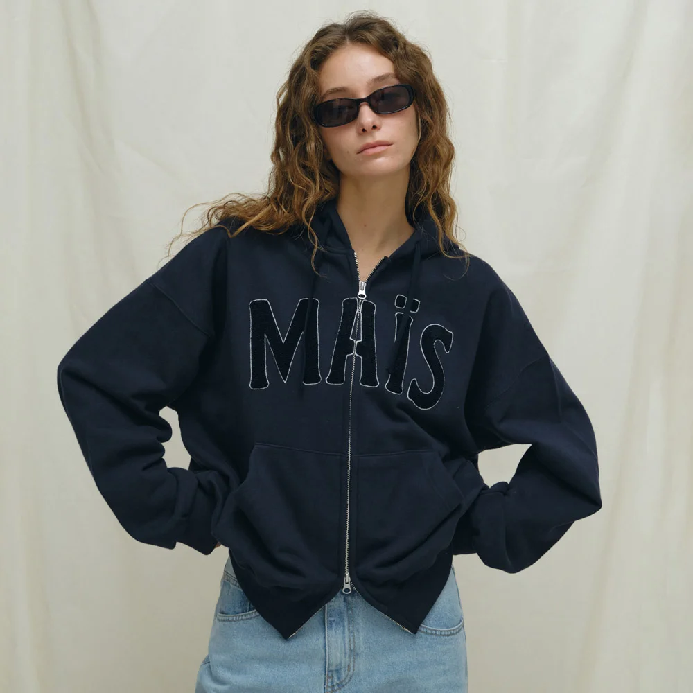 BOUCLE LOGO ZIP-UP HOODIE / NAVY