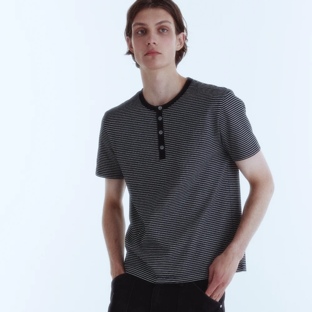 French Stripe Henley Neck Top_Black