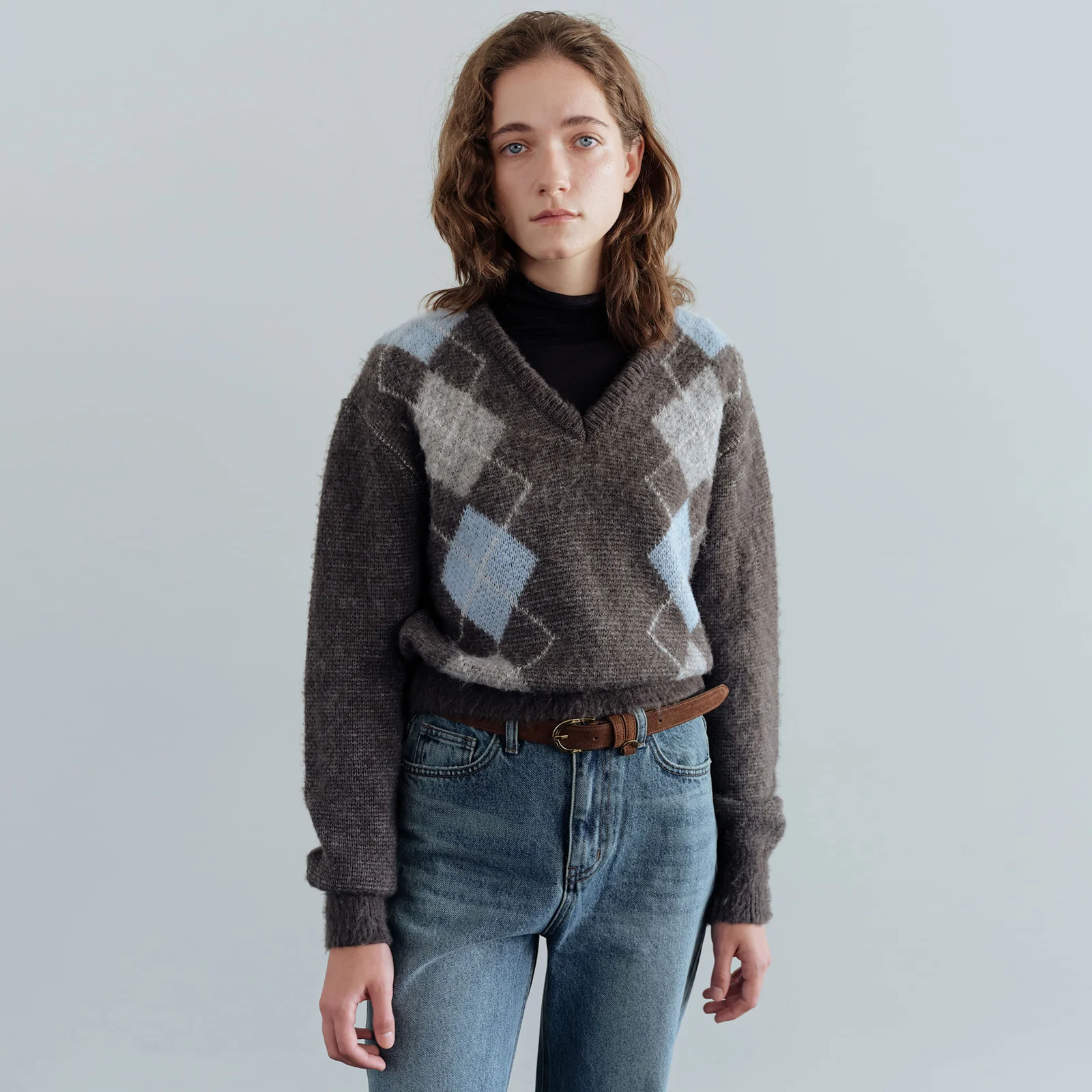 V-neck Argyle Knit(Charcoal)