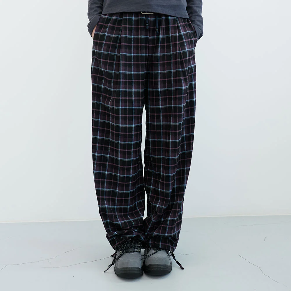 經典 格紋 兩穿 鬆緊帶 褲子 (Purple Check)