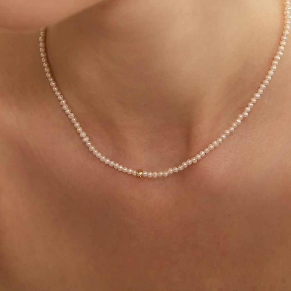 14k 鑽石 金色 Pebble 淡水珍珠 頸鏈 (14k金色) #LCN15