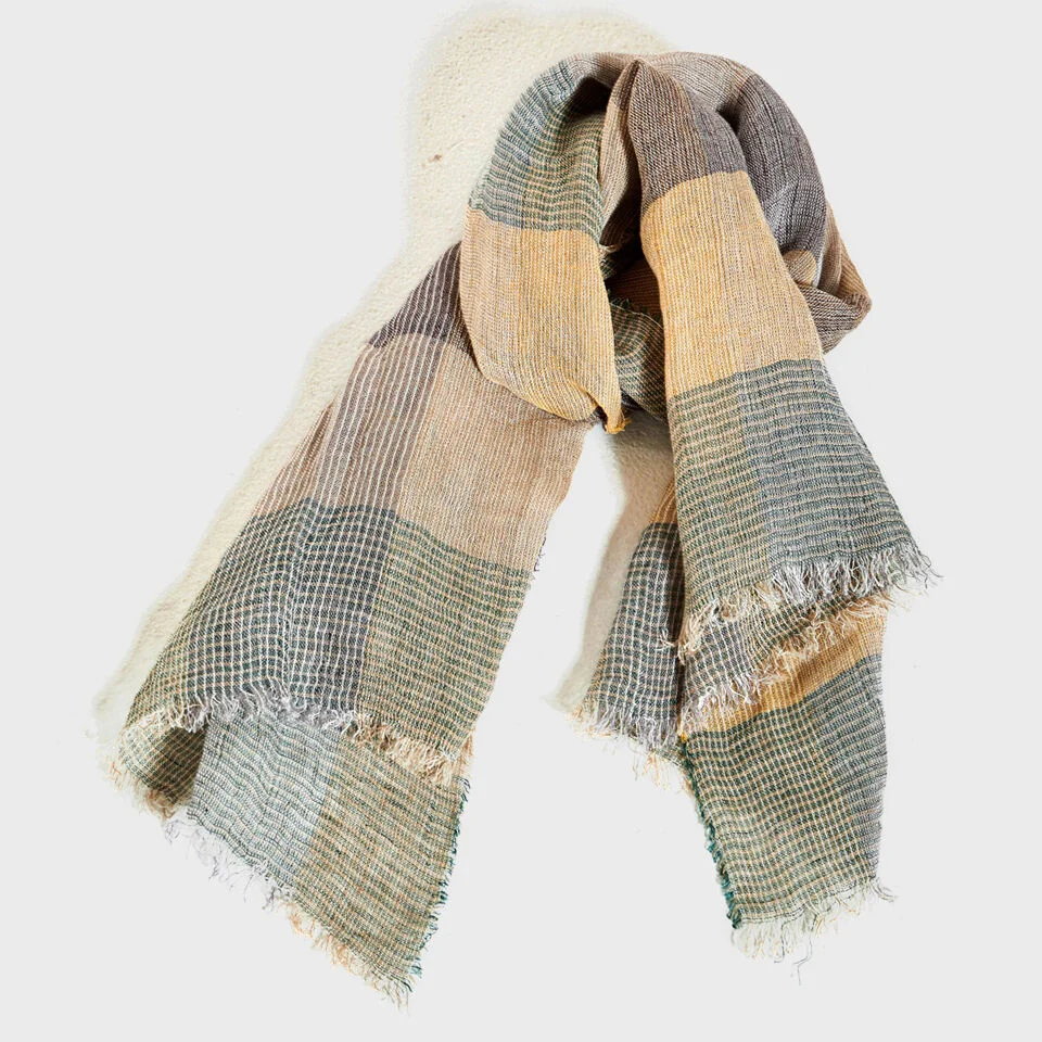 LINEN CHECK GREEN SCARF