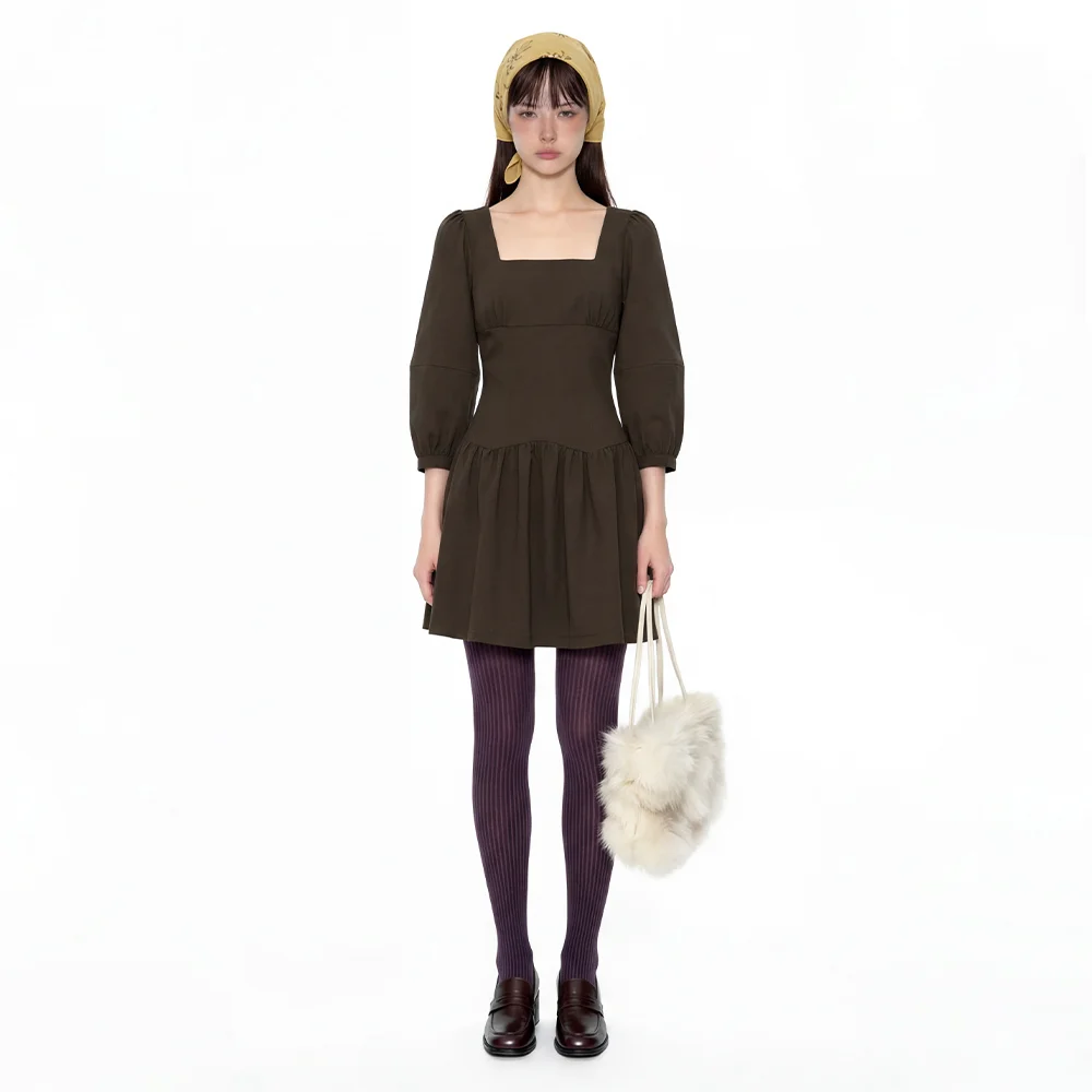 Ribbon Tie Classic Dress (Brown)