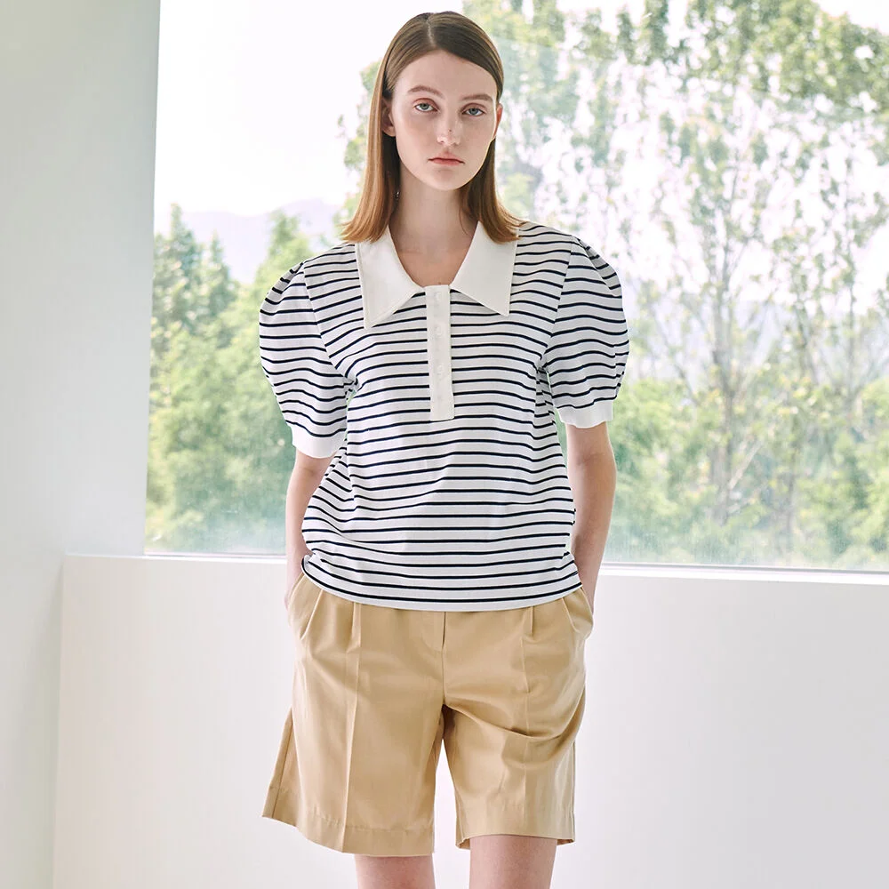 Stripe Puff Collar T-Shirt - Navy