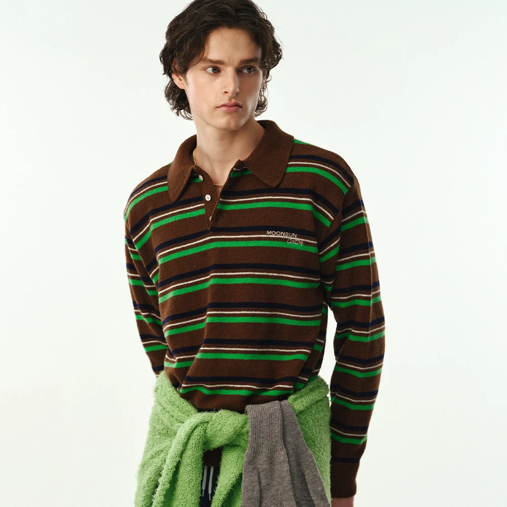 02 M.C UNISEX, Stripe Wool Collar Knit / Forest Brown