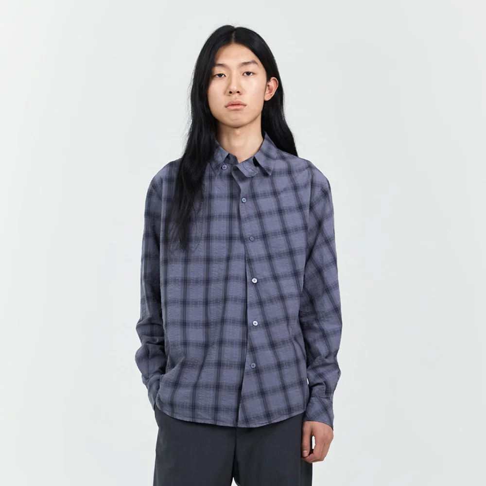 MENS GARMENT DYED CURVED CHECK SHIRT SLATE GREY