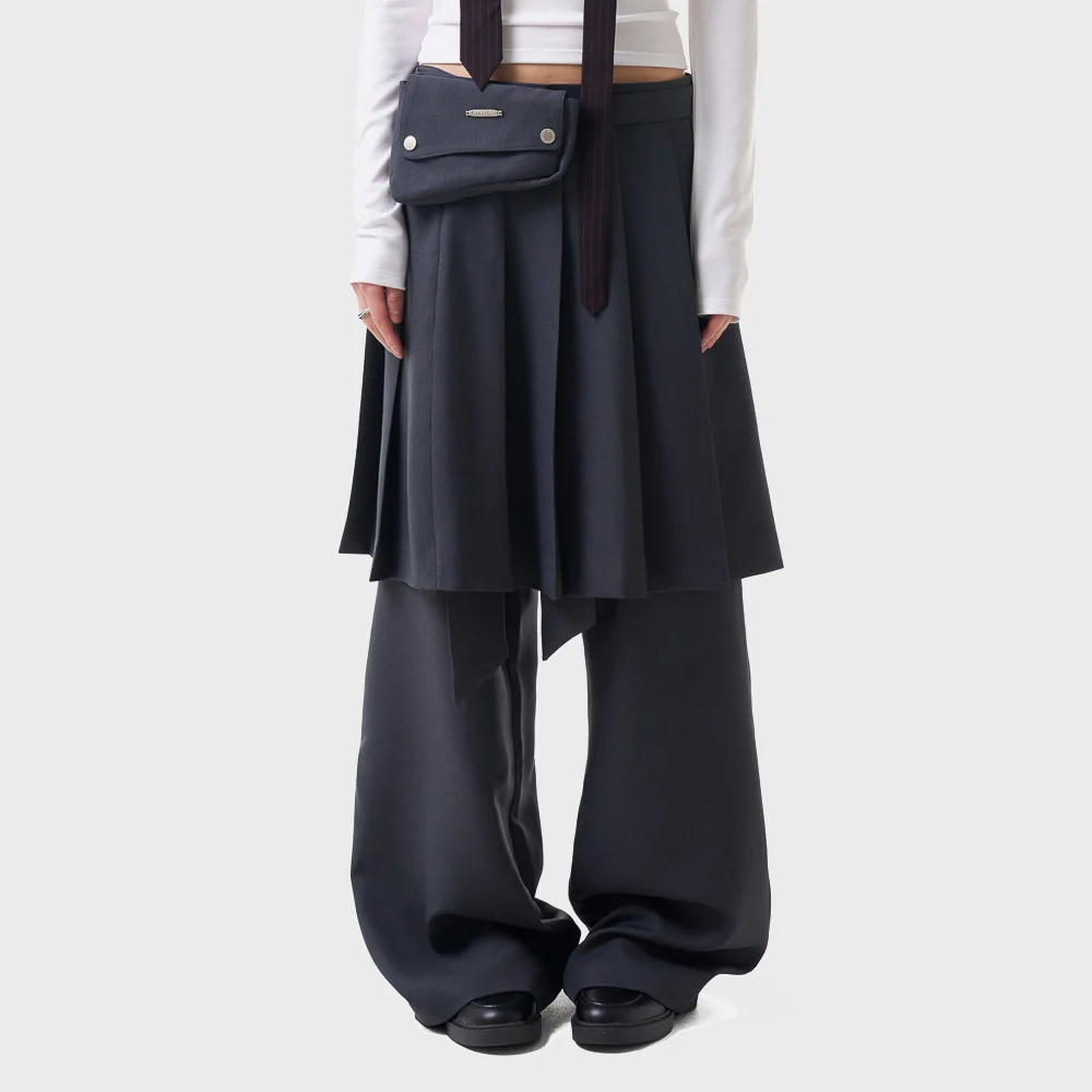 Belted Bag Pleats Midi Skirt (Dark Gray)