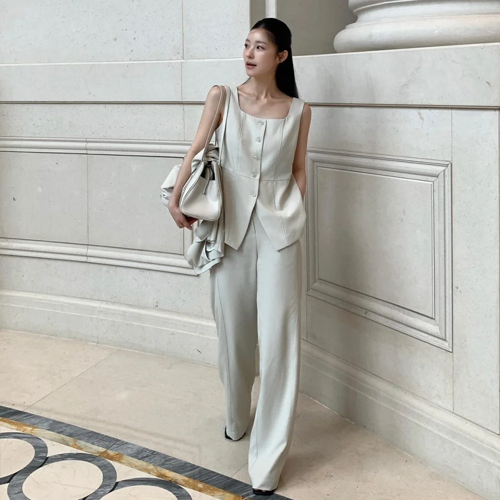 亞麻 雪紡衫 套裝 - 象牙色 / Linen Vest Blouse Set up - Ivory
