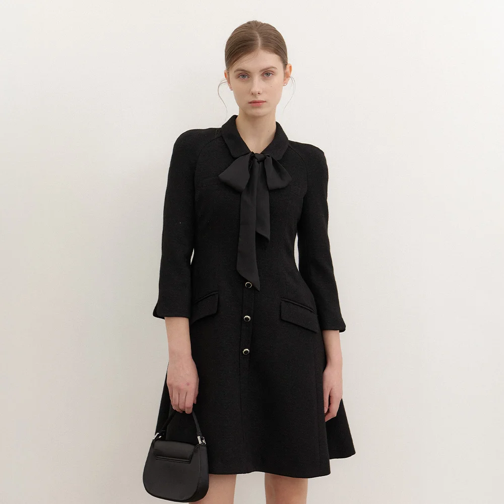 Tweed Chiffon-Trim Midi Dress / Black(3Color)