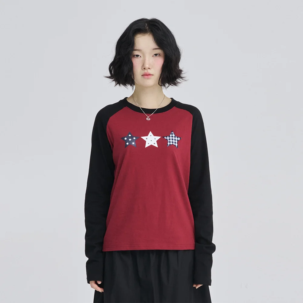 星星 牛角袖 衣袖 T恤 酒紅色
