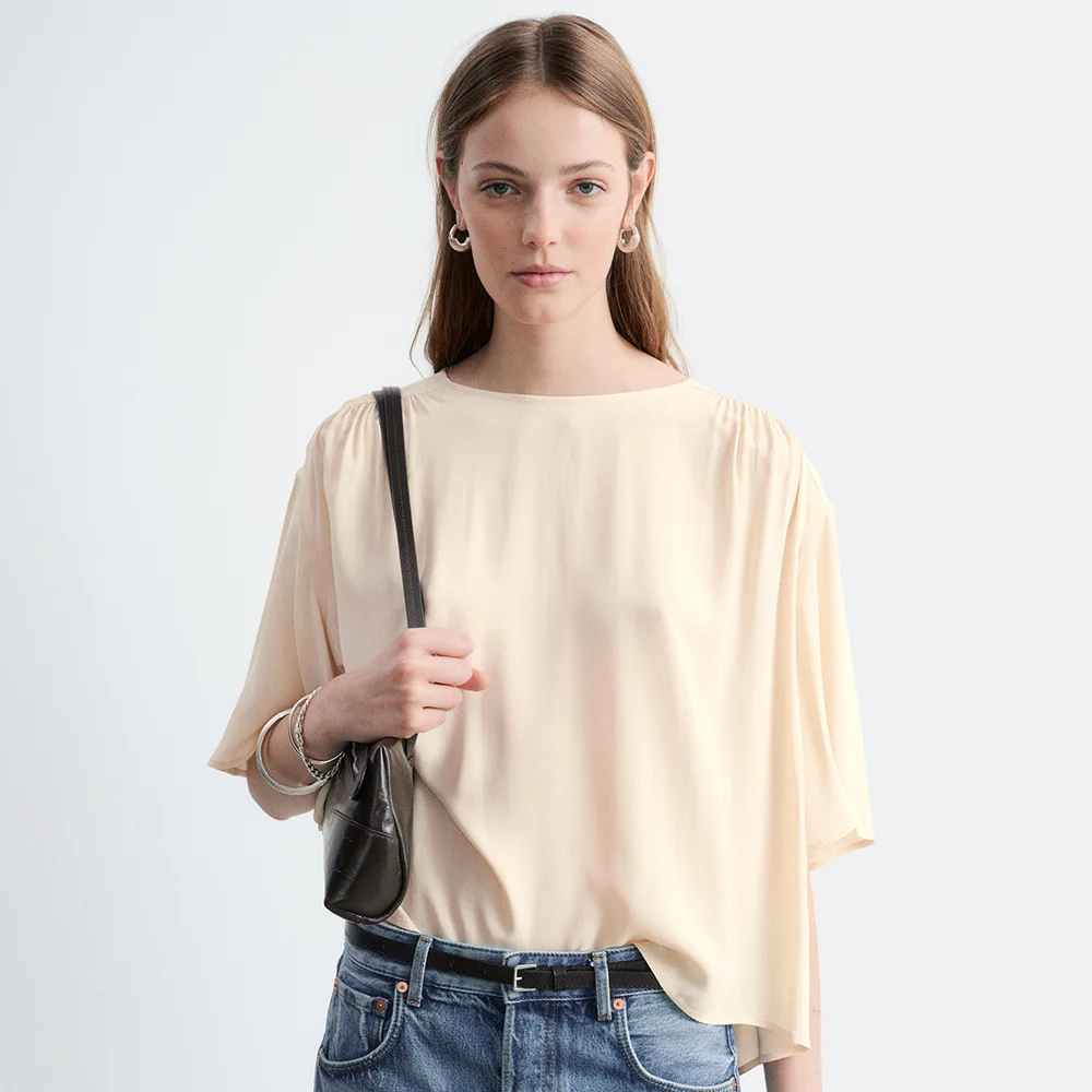打褶 縐紗 雪紡衫 (Beige Dusty Light beige)