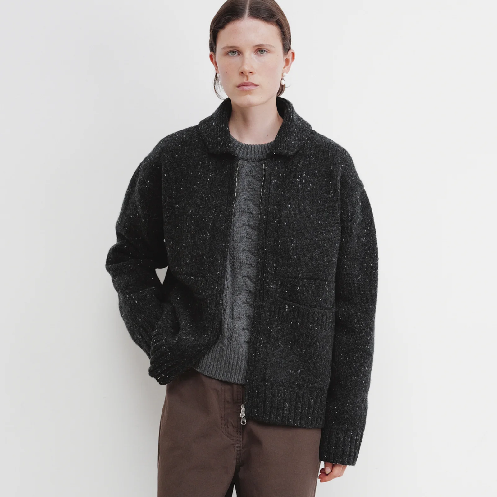 4pockets zip-up knit cardigan (Charcoal)