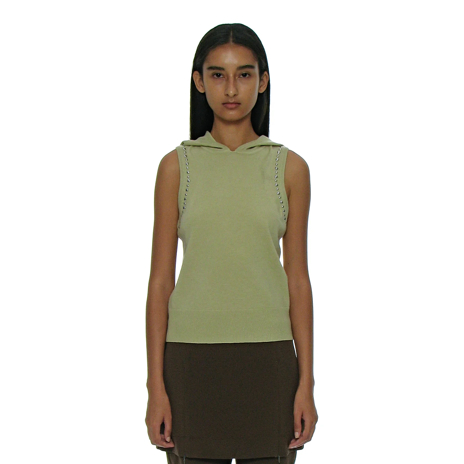 STUDDED HOODIE KNIT TOP_YELLOW GREEN