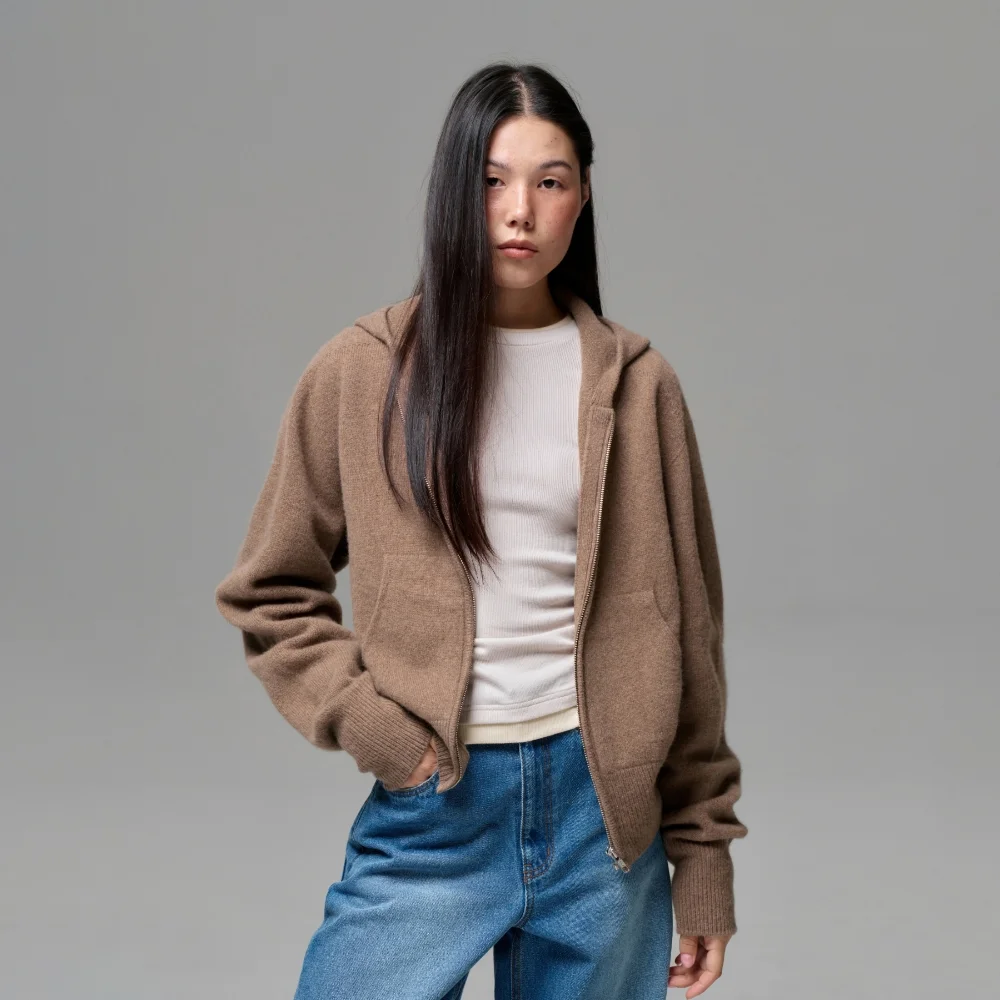 WOMEN CASHMERE BLEND ZIP KNIT HOODIE - NEUTRAL BROWN