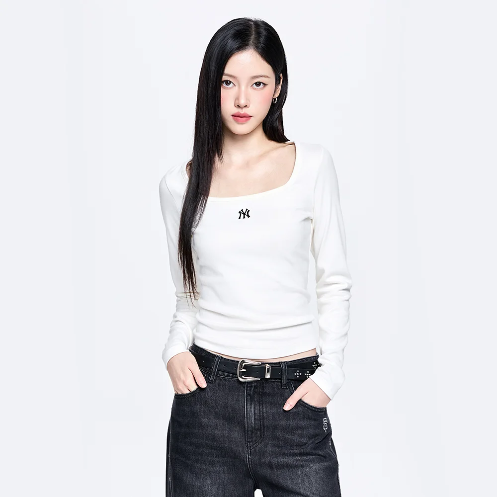 女裝 基本款 修身 半短版 方領 長袖 T恤 NY (Cream)