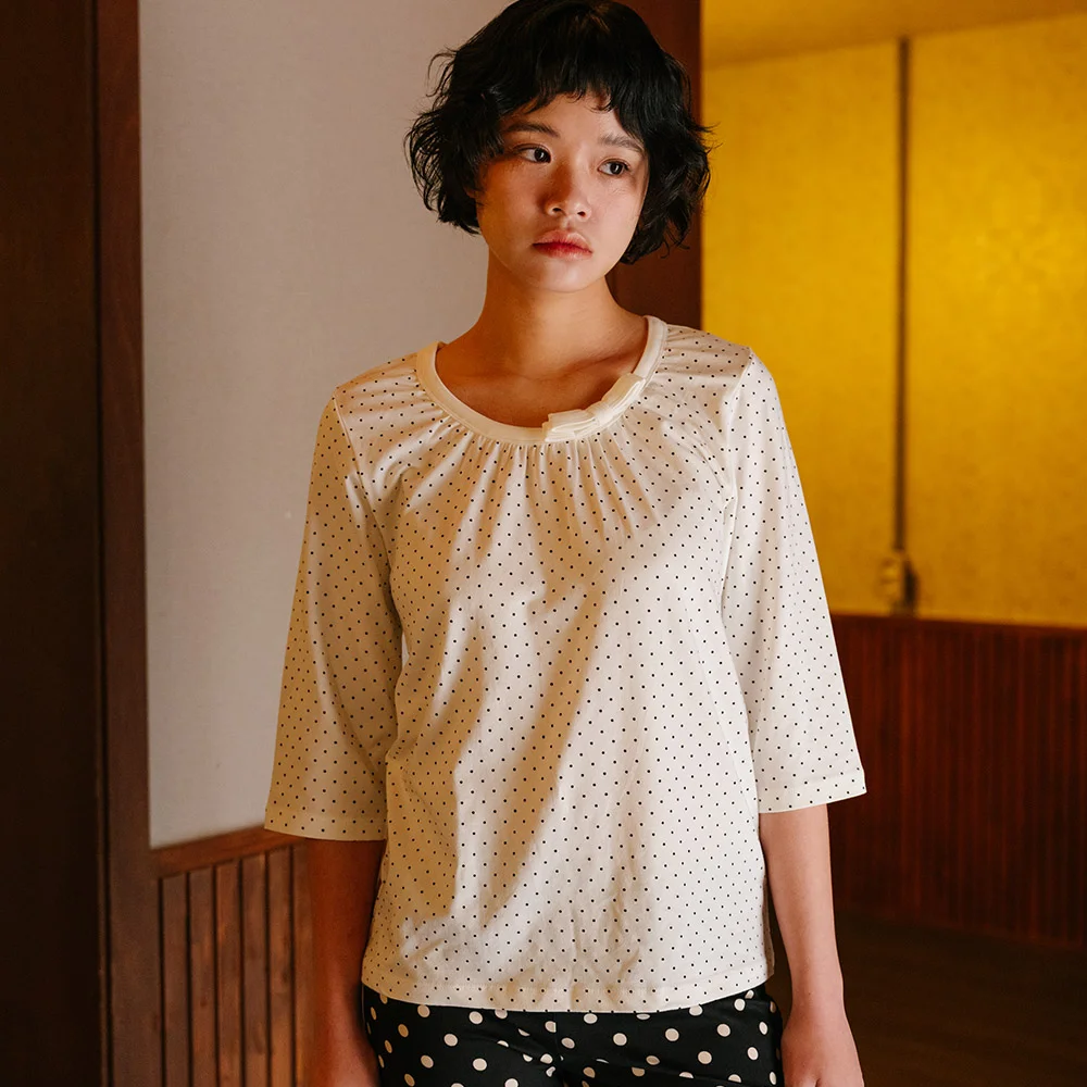 Fiore Ribbon Shirring Top (White Dot)