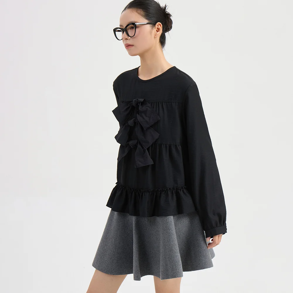 Ribbon Point Collarless Blouse (black) LFSAW25250BKX
