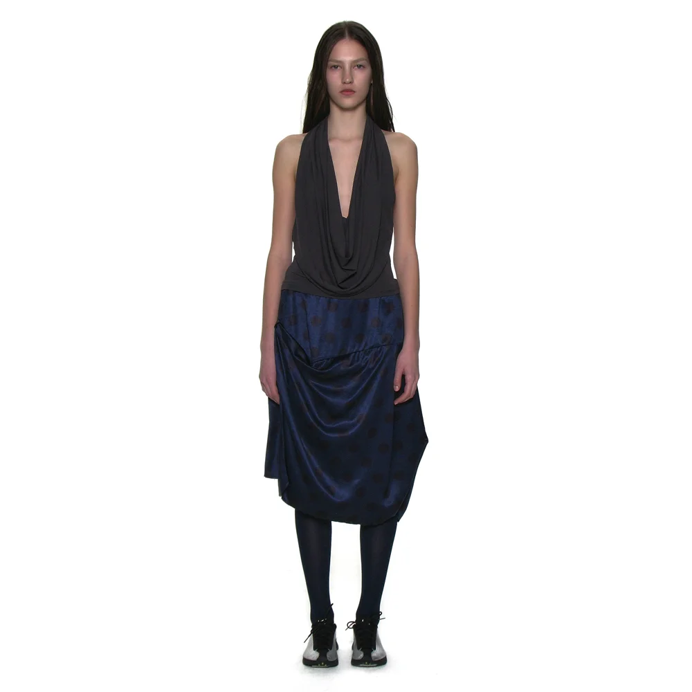 DOT ALL-OVER PRINTED DRAPE MIDI SKIRT_NAVY