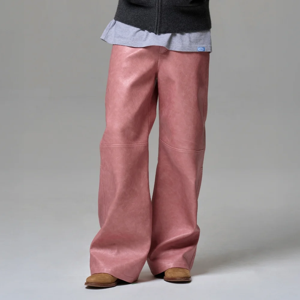MEN FAUX LEATHER TWO-TONE PANEL PANTS - ROSEWOOD