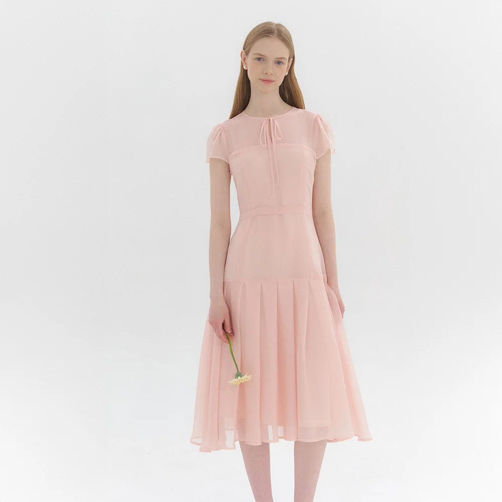 Chiffon Ruffle Pleated Long Dress / Pink(3color)