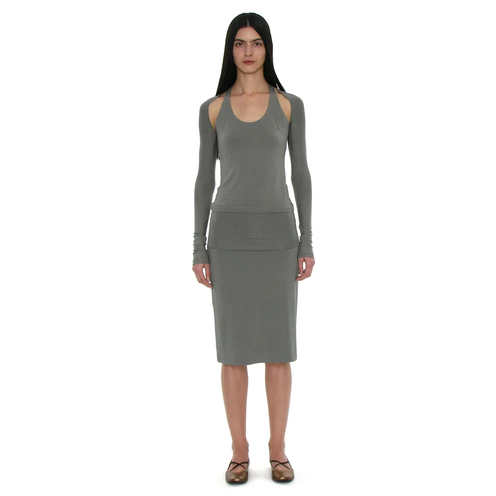 PWC FOLDING WAIST JERSEY MIDI SKIRT_KHAKI