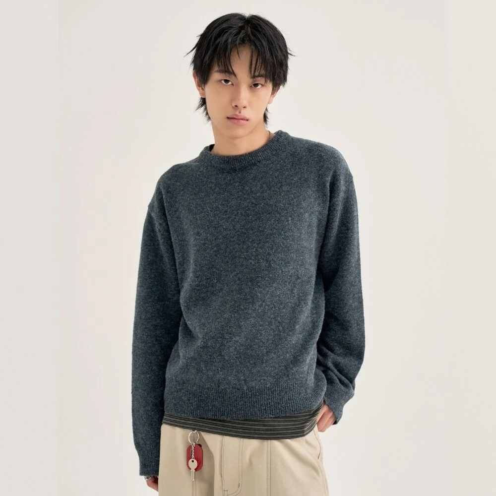 Wool Touch 短版 圓領 針織衫_深藍色