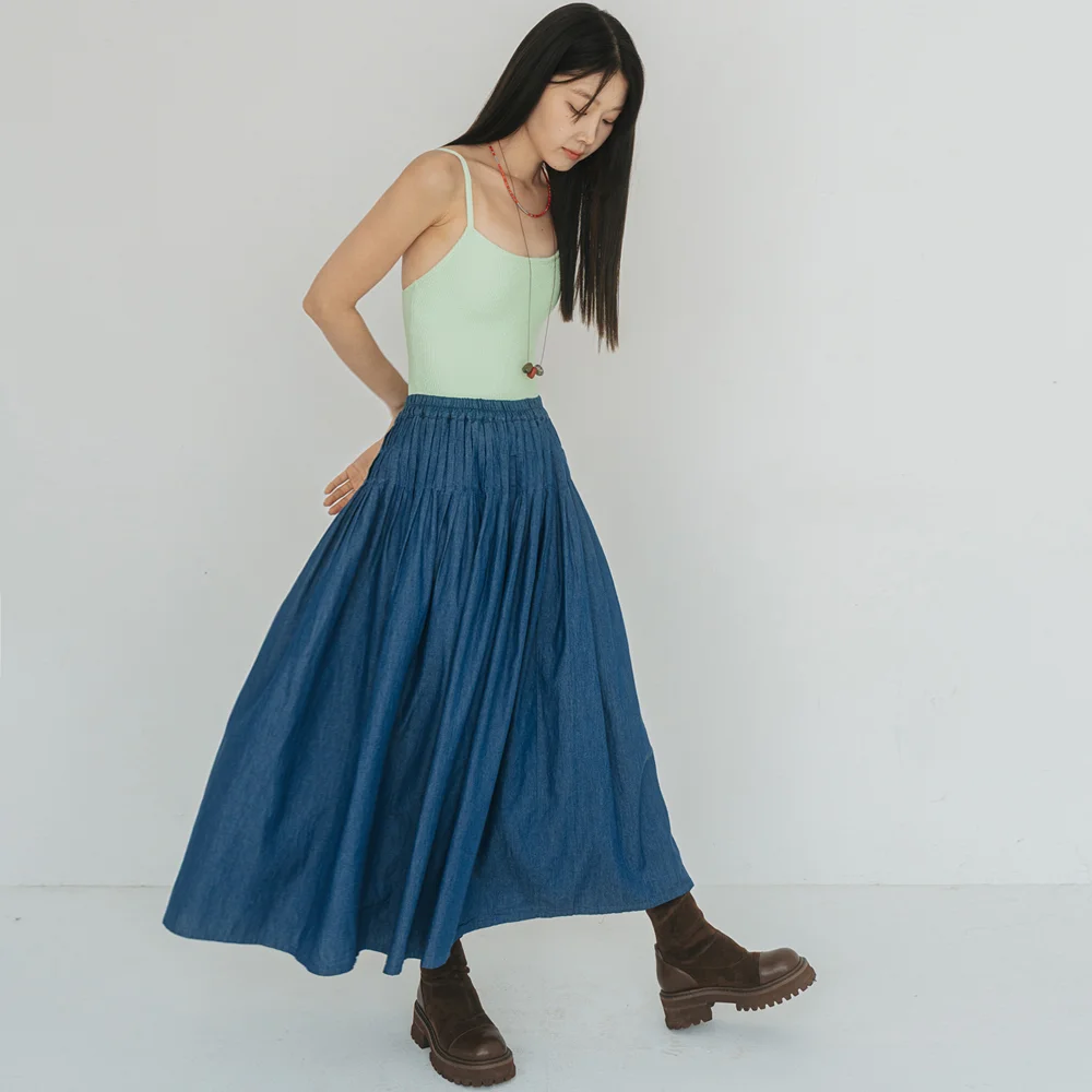 Pintuck Shirring Blue Denim Long Skirt