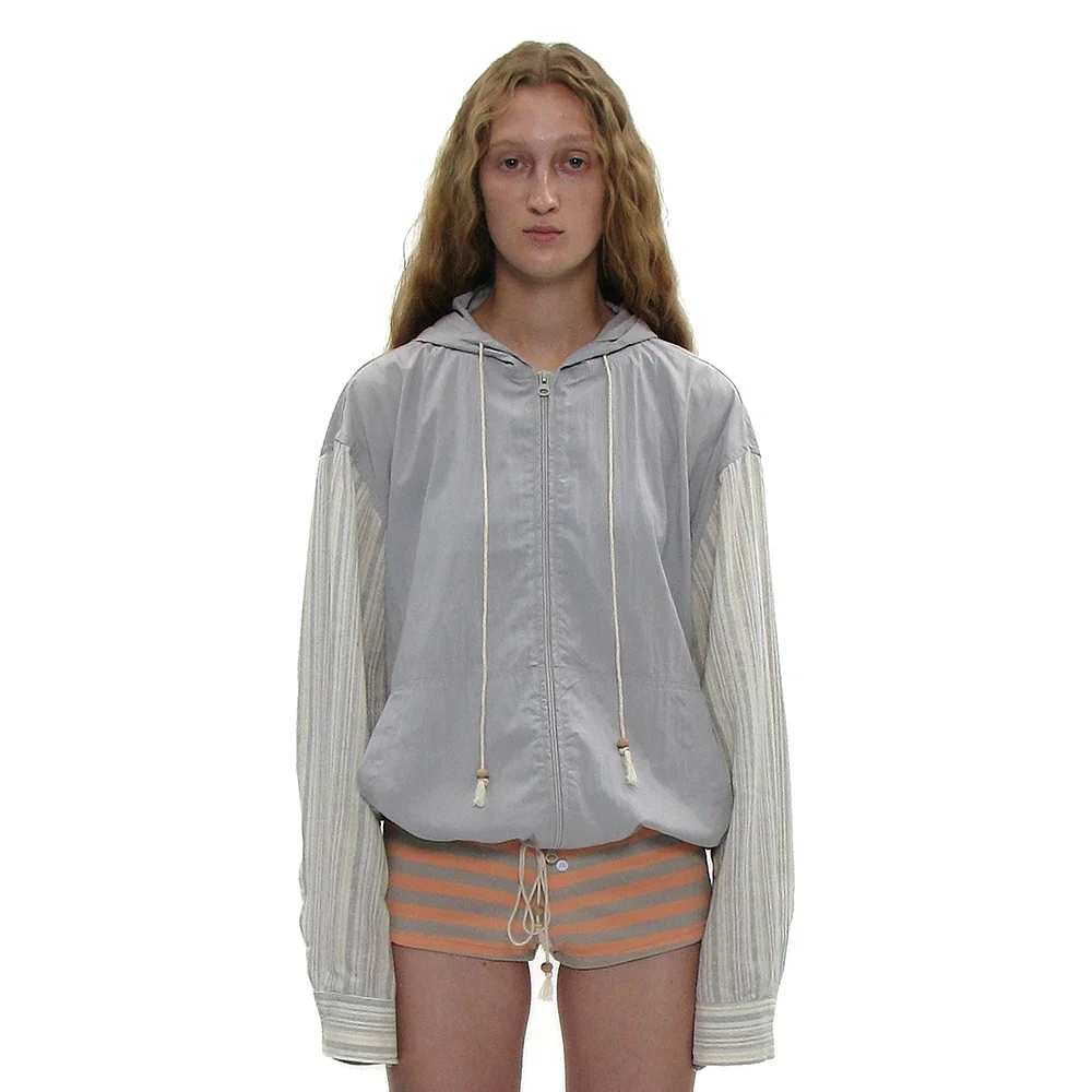 STRIPE SLEEVE HOODED JACKET_GREY