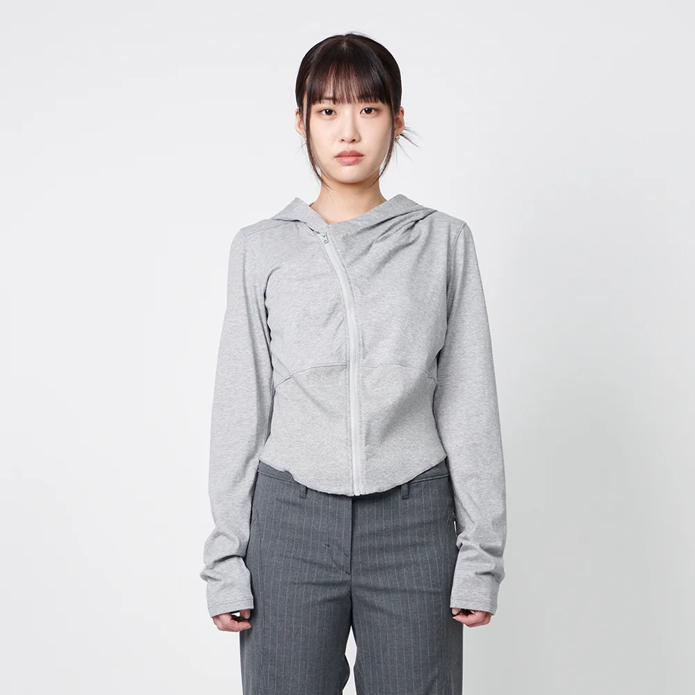 WOMENS CURVED HOODED COTTON ZIP JACKET (LIGHT FABRIC) MELANGE GREY