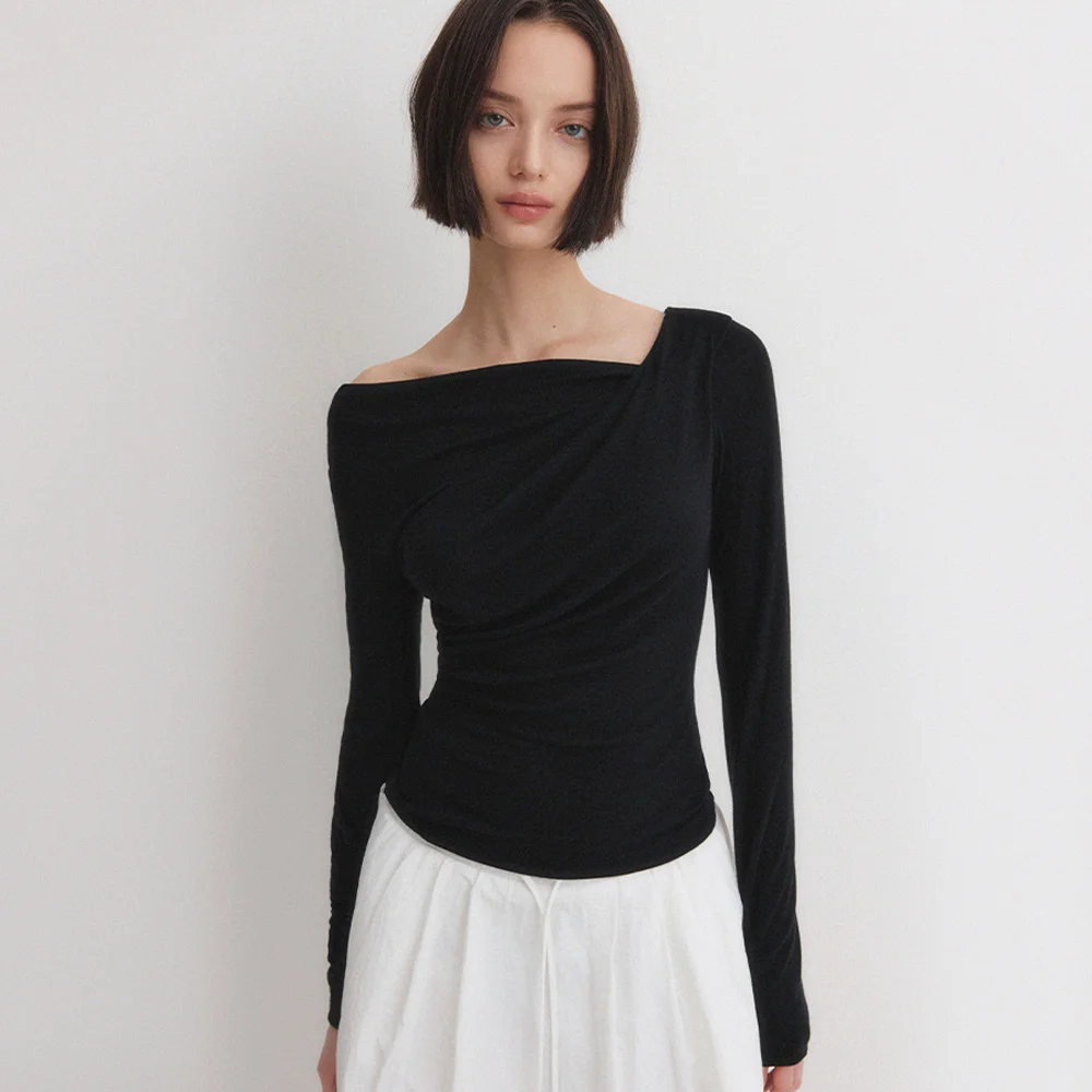 VIA WOOL SHIRRING TOP_BLACK