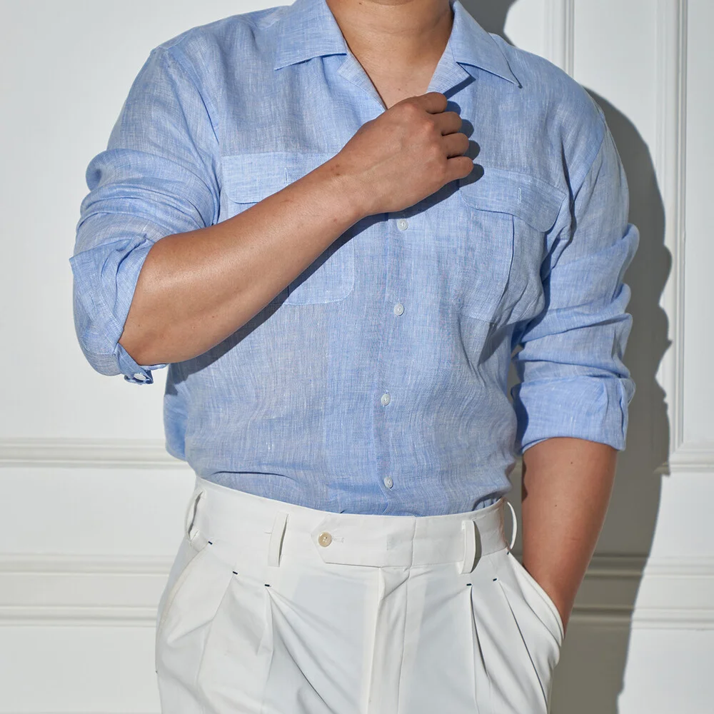 Open-collar Linen Shirts Sky blue / ALCSH006